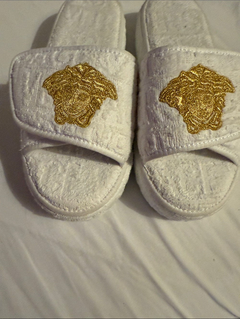 Versace White Terry Cloth Slide Slippers with Gold Medusa Emblem